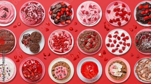 a collection of valentine's day desserts arranged on plates on a red background with hearts and sprinkles.