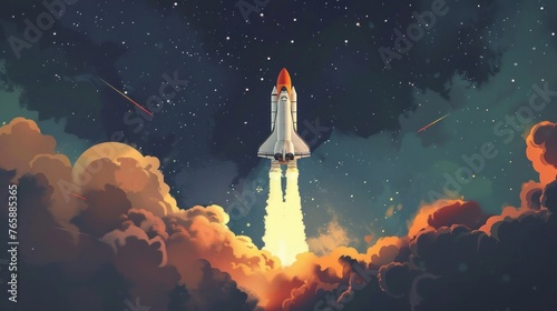 This image depicts the exhilarating moment a rocket takes off into a starry sky
