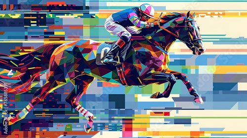 Abstract digital mosaic art is a pixelated representation of a horse jockey race combined with Scandinavian geometric patterns in a colorful mosaic photo
