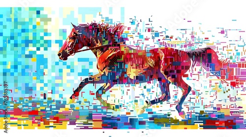 Abstract digital mosaic art is a pixelated representation of a horse jockey race combined with Scandinavian geometric patterns in a colorful mosaic