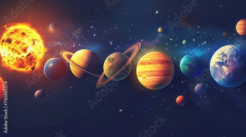 A stunning representation of our solar system, including the Sun, Mercury, Venus, Earth, Mars, Jupiter, Saturn, Uranus, Neptune, and Pluto
