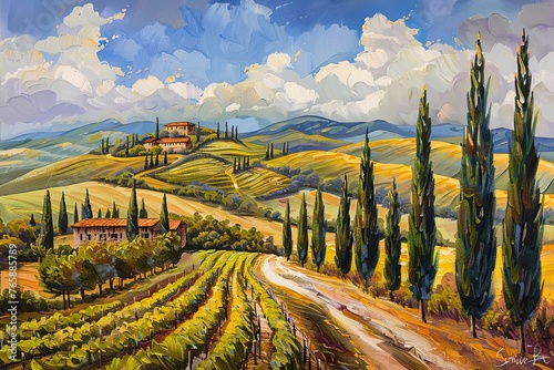 Typical Tuscany landscape with hills and cypresses