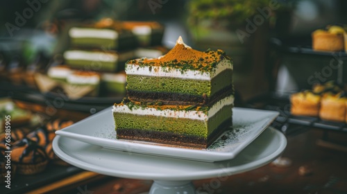  a piece of cake sitting on top of a white plate next to a bunch of cupcakes on a table.