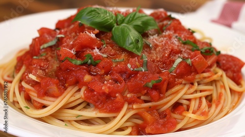  a plate of spaghetti with tomato sauce and basil garnished with parmesan and parmesan cheese.