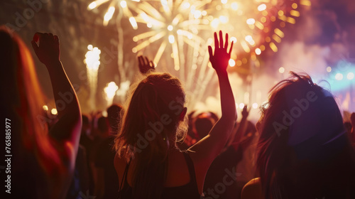 A crowd of spectators at a festival with fireworks lighting up the night sky.