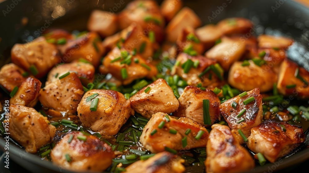 Sautéed Chicken Pieces in Pan with Spring Onions, Home Cooking Sautéed Chicken Pieces in Pan with Spring Onions, Home Cooking