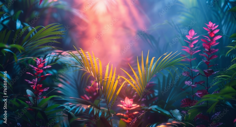 Mystical Jungle Foliage with Vibrant Pink and Yellow Tones Mystical Jungle Foliage with Vibrant Pink and Yellow Tones
