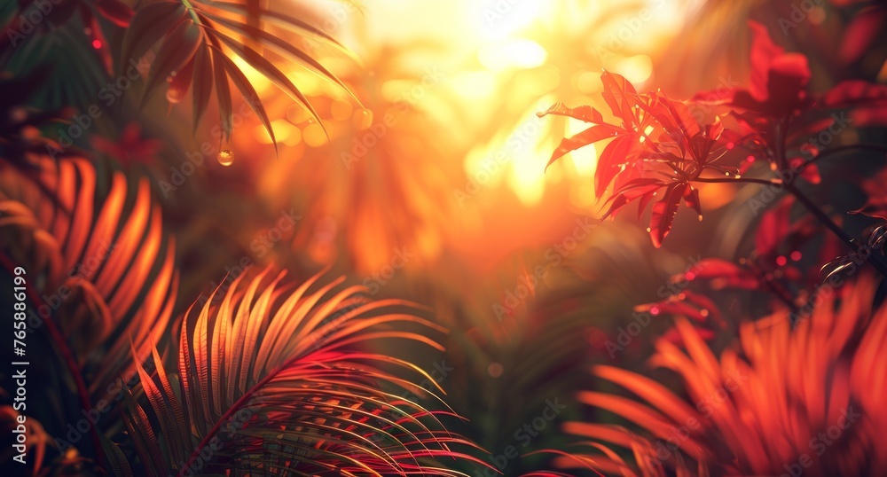 Sunset Glow on Tropical Plants, Red and Orange Hues