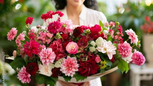  a woman holding a bouquet of red and pink flowers in front of her face and a smile on her face.