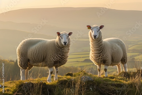 Welsh mountain sheep standing on the hills above Llangollen, North Wales, late on a warm spring evening photo