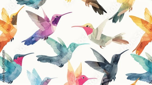 A playful pattern of colorful hummingbirds in various sizes and shapes, arranged on a white background. not seamless