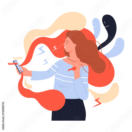 Social media doomscrolling addiction. Online internet doomsurfing, reading bad news flat vector illustration