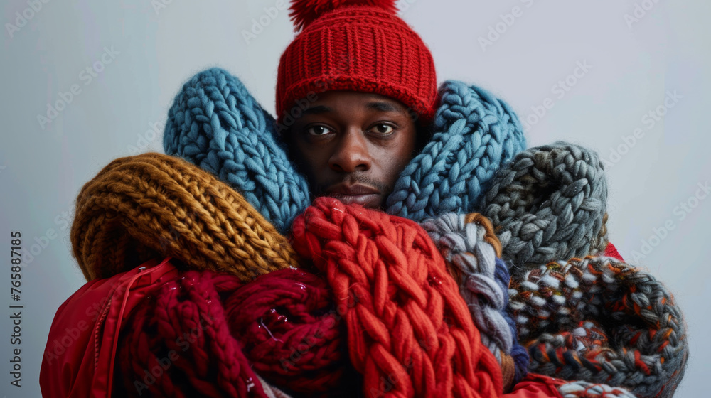 A person is enveloped in an array of chunky, colorful knitted scarves and wearing a red beanie. A person is enveloped in an array of chunky, colorful knitted scarves and wearing a red beanie.