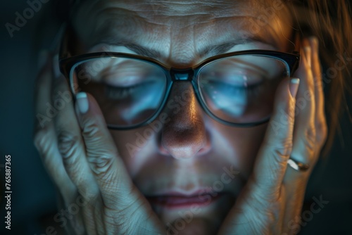 Exhausted woman taking off her glasses, her fingertips gently massaging her closed eyelids. Common issue of eyestrain and the need for rest and relief.