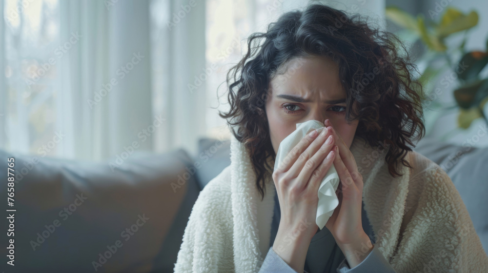 A concerned individual holds a tissue to their nose, showing signs of a cold or flu. A concerned individual holds a tissue to their nose, showing signs of a cold or flu.
