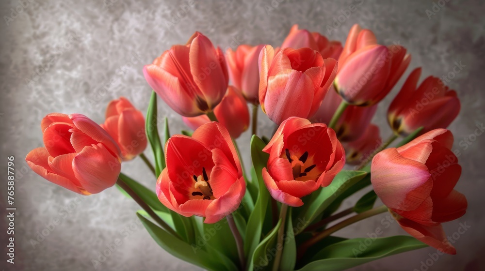a bouquet of red tulips in a glass vase on a gray background with a textured wall in the background. a bouquet of red tulips in a glass vase on a gray background with a textured wall in the background.