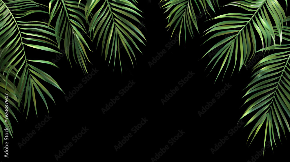 Fresh, verdant coconut or date palm leaves. Intricate textures and shades of green. Isolated on black.