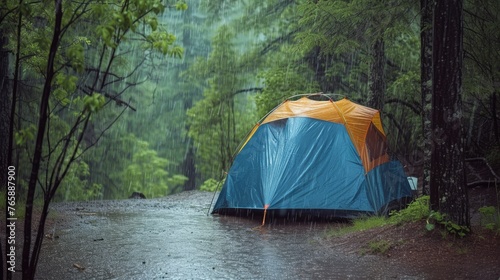 Camping tent in the rain forest at rainy day, travel concept