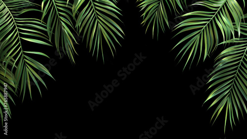Fresh  verdant coconut or date palm leaves. Intricate textures and shades of green. Isolated on black.