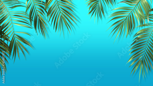 Fresh coconut or date palm leaves. Intricate textures and shades of green. Blue background, shadow for 3d effect.