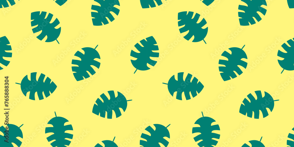 Pattern Leaf Silhouette Monstera. Doodle style. Seamless print exotic Plant yellow background. Green Botany, herbs. Evergreen liana. Tropical summer. Vibrant Color Image. Symmetry. Vector illustration
