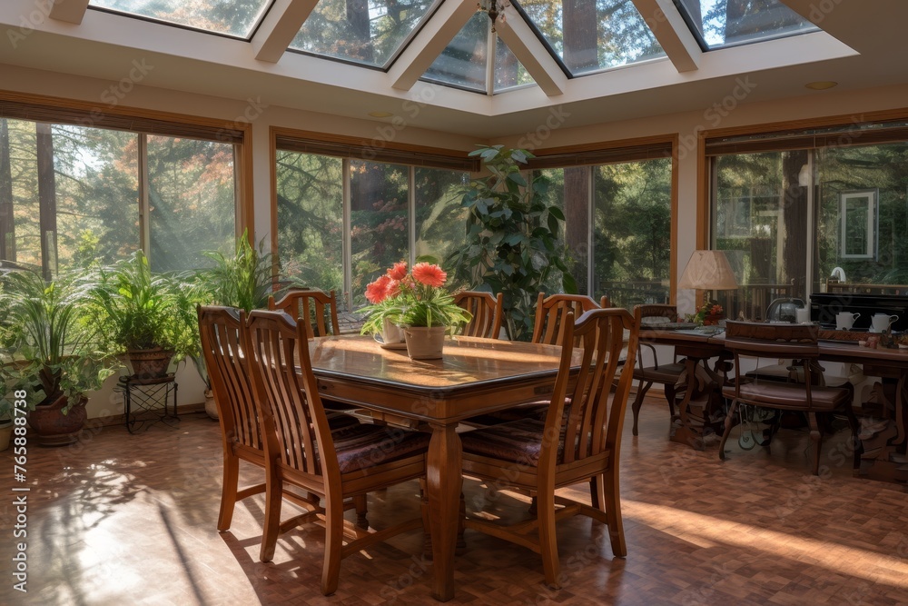 Fototapeta premium Sunlight streaming through kitchen window onto elegantly set dining area in warm home ambiance