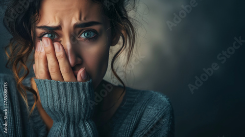 Closeup of a crying woman covering her mouth with her hand photo