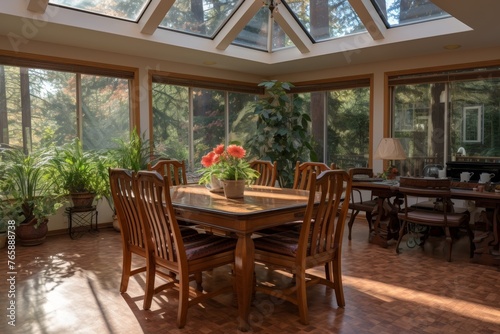 Sunlight streaming through kitchen window onto elegantly set dining area in warm home ambiance