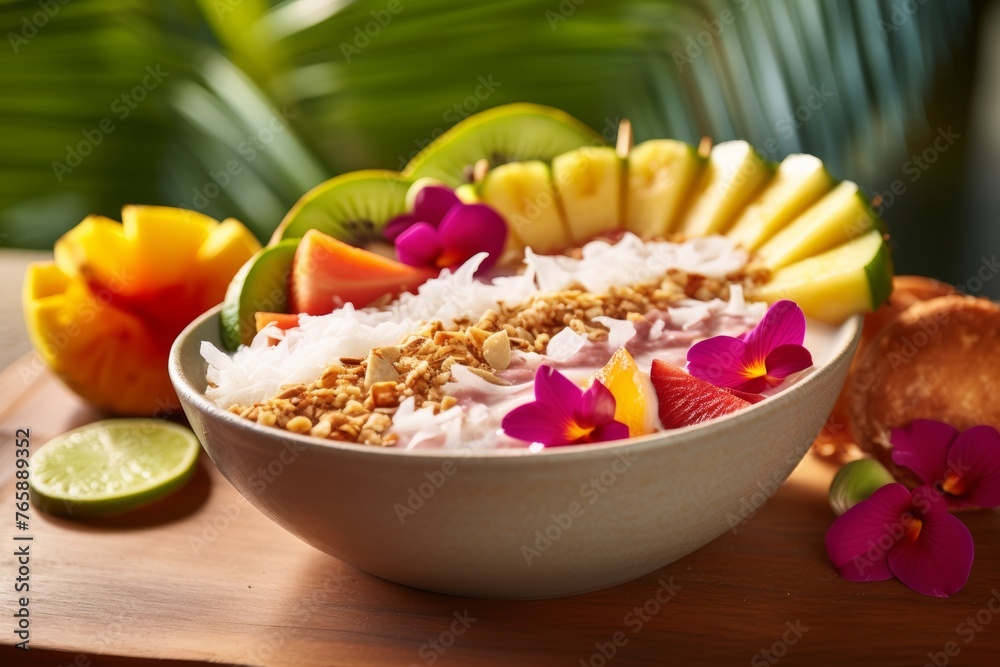 A tropical smoothie bowl topped with fresh fruits, coconut flakes, and granola, perfect for a Tropical vacation-themed food and beverage experience A tropical smoothie bowl topped with fresh fruits, coconut flakes, and granola, perfect for a Tropical vacation-themed food and beverage experience