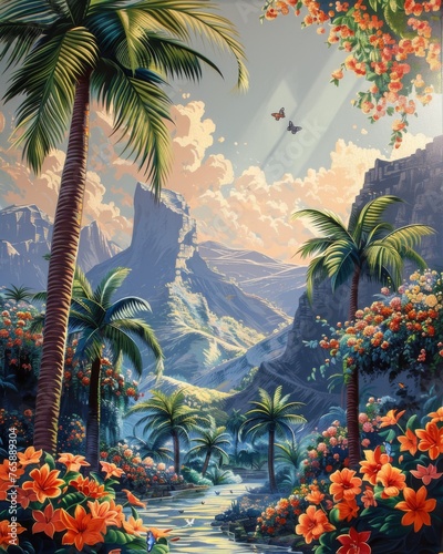 tropical garden with palm tree and flowers and butterflies and fontaine, orientalist painting style,generated with AI