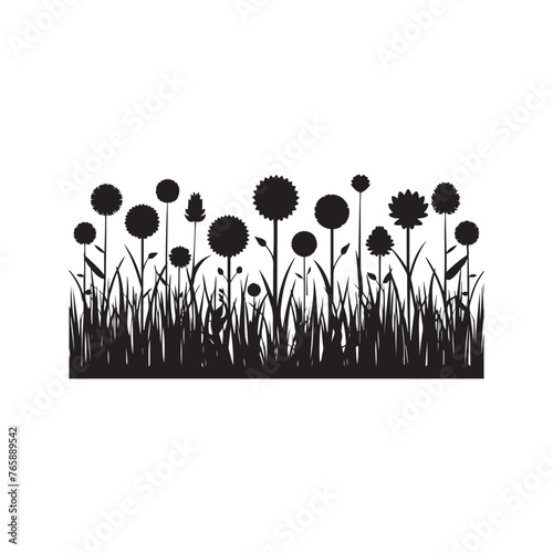 silhouette grass and flowers vector art illustration