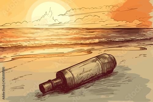 Message in bottle. Hand drawn illustration. Sea background.