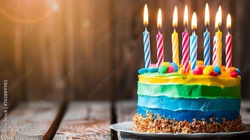 a birthday cake with multi - colored frosting and lit candles is on a plate with a wooden table in the background. a birthday cake with multi - colored frosting and lit candles is on a plate with a wooden table in the background.