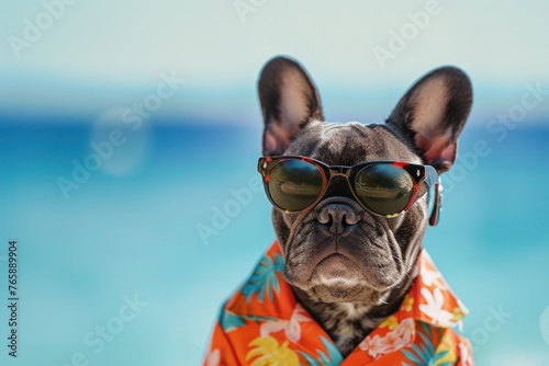 Fawn French Bulldog in sunglasses and shirt on beach
