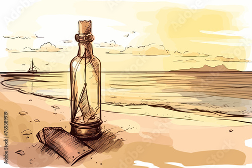 Message in bottle. Hand drawn illustration. Sea background.