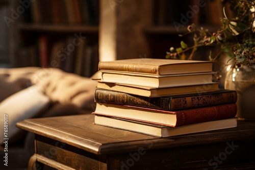 A Snug scene focused on the details of a stack of books on a side table, bathed in soft light, with the surrounding space softly blurred, evoking a quiet reading atmosphere.