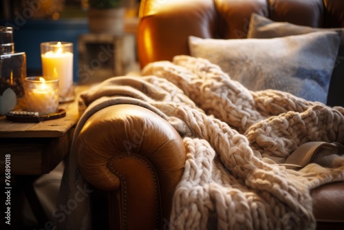 A Snug shot capturing the intricate patterns of a cozy knitted throw blanket draped over a plush armchair  with the surrounding space softly blurred  inviting viewers to sink into comfort.