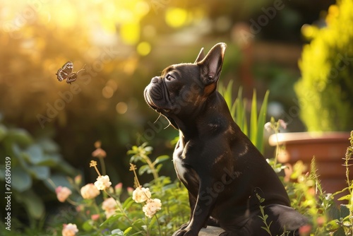 A French Bulldog sitting attentively in a sunlit garden, its ears perked up as it watches a fluttering butterfly, Copy Space.