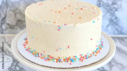  a close up of a cake with sprinkles on it on a plate on a marble counter top.