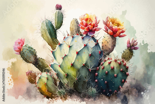 Watercolor background with cactus. Plant illustration.