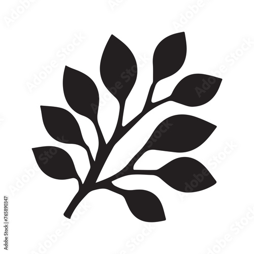 Silhouette of branch with leaves from young tree isolated on a white background