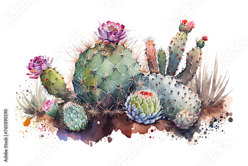 Watercolor background with cactus. Plant illustration.