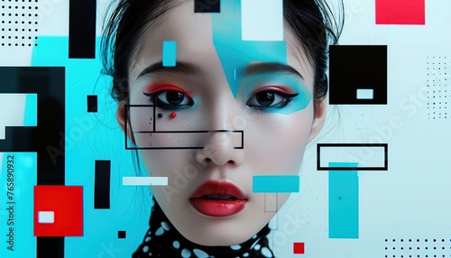 Abstract Fusion Portrait of a Young Chinese Woman with Neon Blue Eye Makeup. Blue, Black, and White Cubes in Background. 