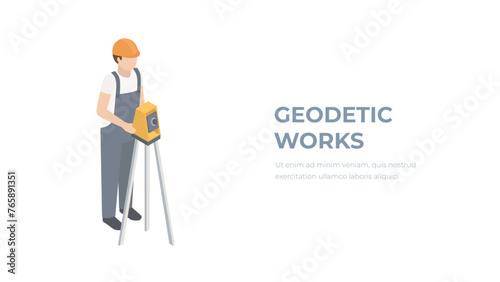 Isometric surveying engineer with equipment level theodolite on tripod isolated on white background. Professional engineer surveyor takes measures with theodolite. Construction geodetic concept.