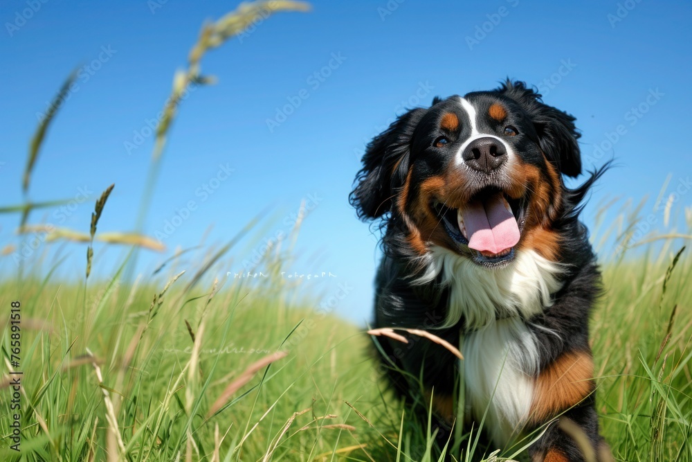 A happy Bernese Mountain Dog running through a field of tall grass, with a bright blue sky overhead and room for text at the bottom. A happy Bernese Mountain Dog running through a field of tall grass, with a bright blue sky overhead and room for text at the bottom.