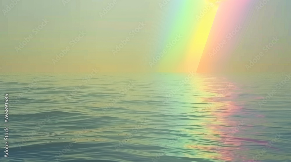  a rainbow in the sky over a body of water with a boat in the foreground and a boat in the background.