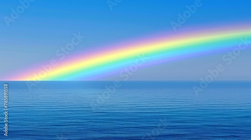  a rainbow in the middle of the ocean with a boat on the water in the foreground and a blue sky in the background.