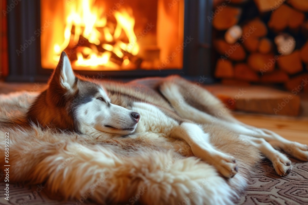Fototapeta premium A Husky lounging on a cozy fur rug by the fireplace, its contented expression radiating warmth and comfort in the midst of winter,