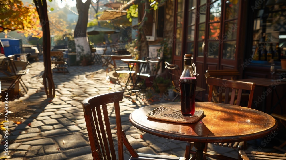  a bottle of wine sitting on top of a wooden table next to a wooden chair on a cobblestone sidewalk.