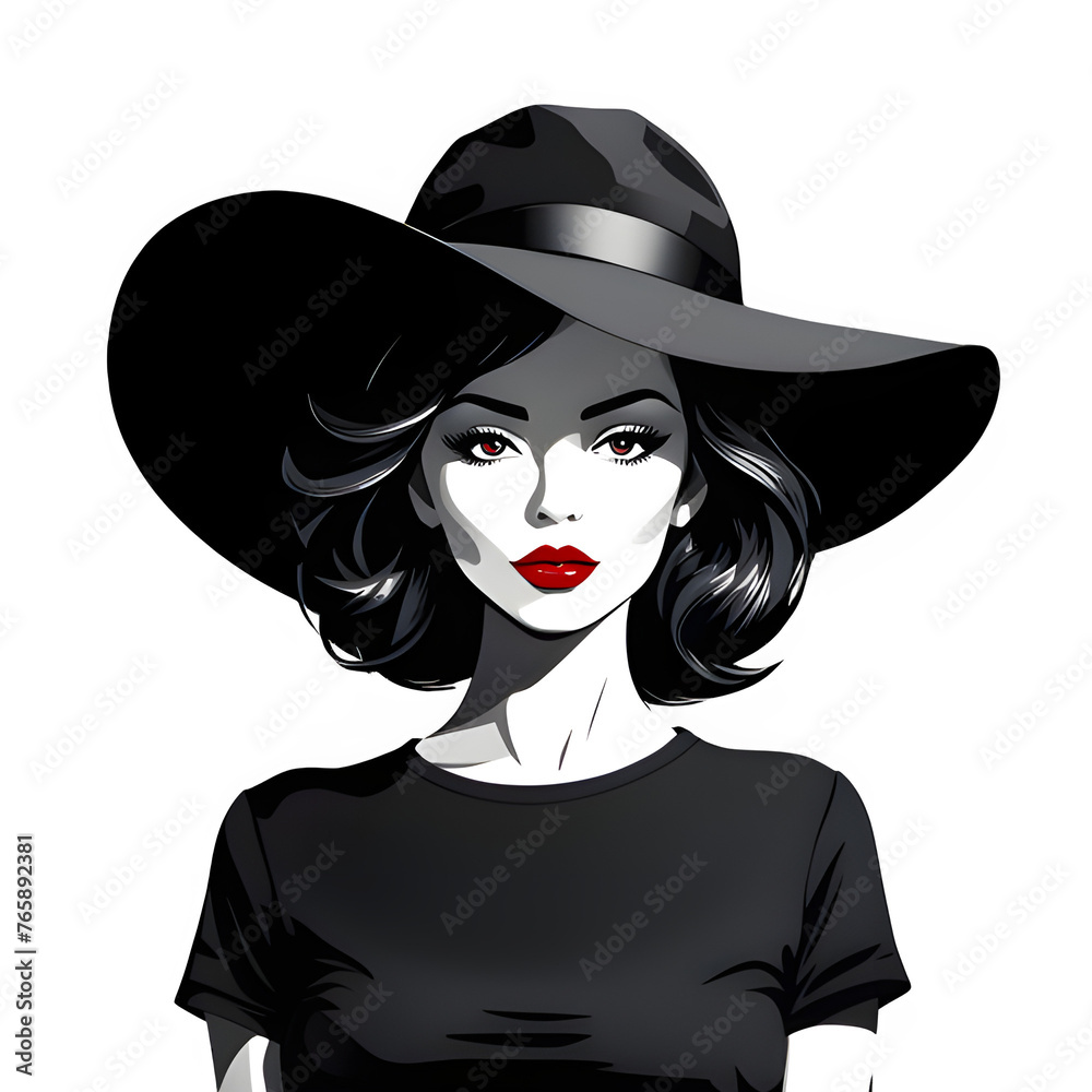 elegant woman wearing hat vector illustration - black and white stylized portrait of a beautiful girl with long hair. elegant woman wearing hat vector illustration - black and white stylized portrait of a beautiful girl with long hair.